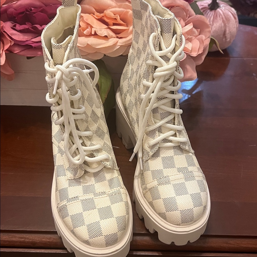 Checkered Lace-Up Ankle Boots